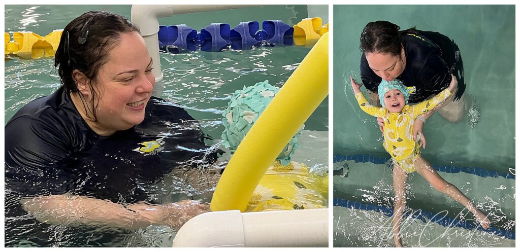 Teacher in black shirt and student in blue swim cap and yellow swimsuit participate in swimming lessons at Foss Swim School in South Barrington.