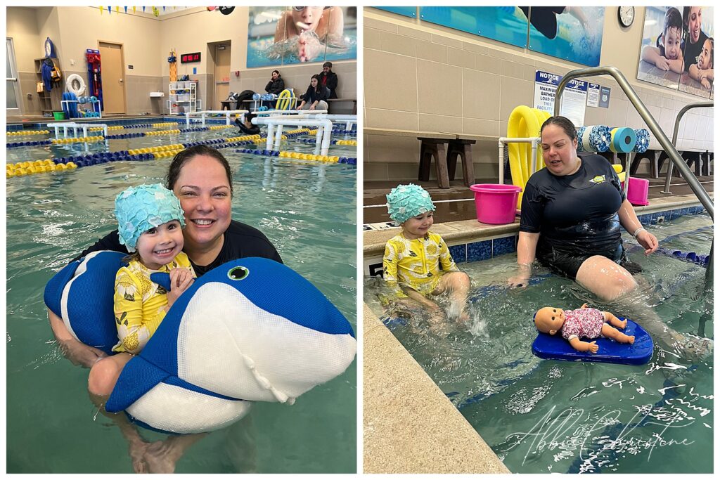Teacher in black shirt and student in blue swim cap and yellow swimsuit participate in swimming lessons at Foss Swim School in South Barrington.