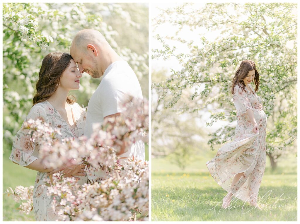 Pregnant woman wearing pale pink dress and man wearing white shirt and khaki pants at Morton Arboretum in the spring. By photographer Abbie Christine, Chicago Illinois. 