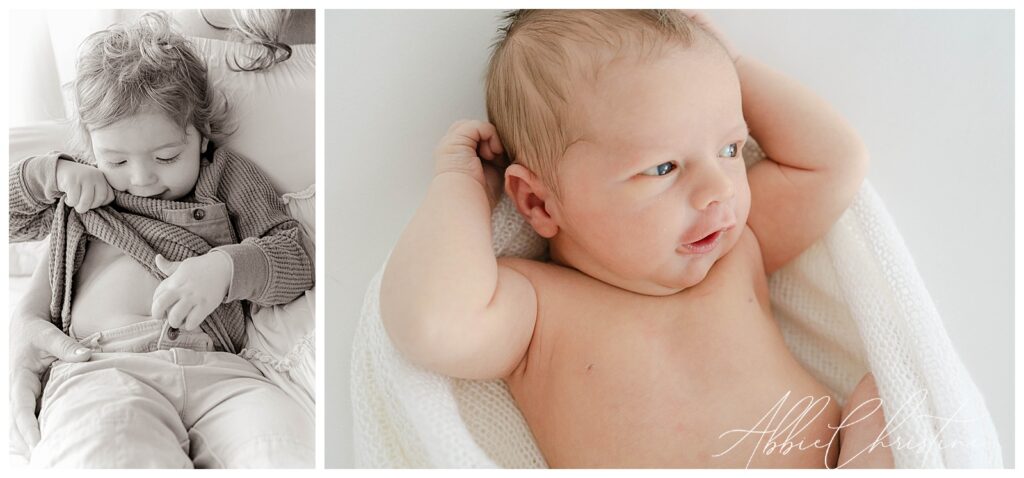 Newborn baby wrapped in white blanket by Abbie Christine photography. 